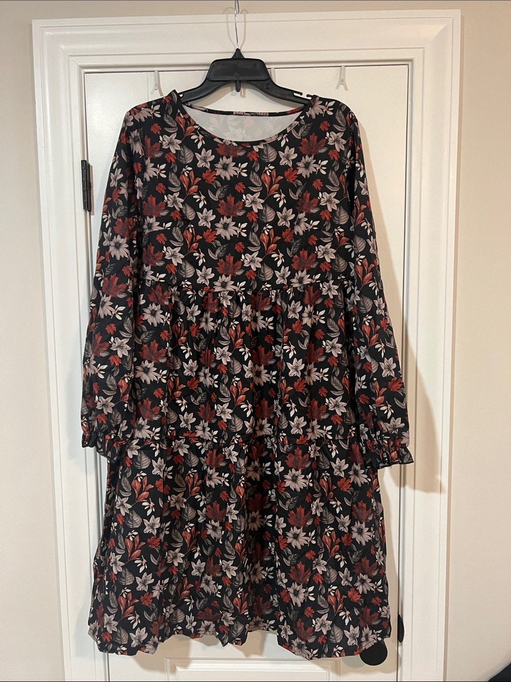 SHEIN Black Floral Long Sleeve Tiered Dress with Rust & Cream Flowers